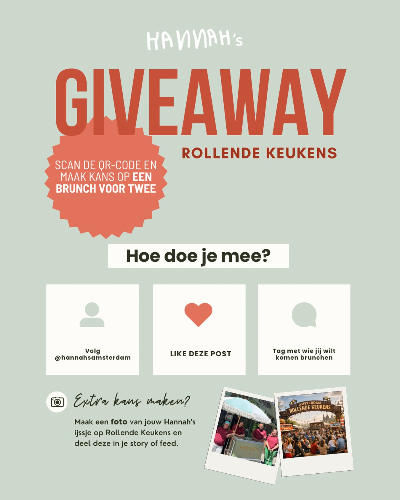 GIVEAWAY 💛🌶️🍸

Hannah’s staat van 13 t/m 17 mei op Rollende Keukens 🍦En dat vieren we met iets lekkers…

Maak kans op een brunch voor 2 personen op een zondag naar keuze bij Hannah’s! 🥐🍊☕️

Meedoen is simpel:
✨ Volg hannahs
✨ Like dit bericht
✨ Laat in een reactie weten met wie jij wilt brunchen

Op Rollende Keukens kom je onze QR-stickers tegen, daarmee doe je extra makkelijk mee 👀

Extra kans maken? 🙌🏻
Maak een foto van jouw Hannah’s ijsje op Rollende Keukens en deel deze in je story of feed.

Zien we je daar? #hannahsamsterdam #rollendekeukens #giveaway #winactie #brunch